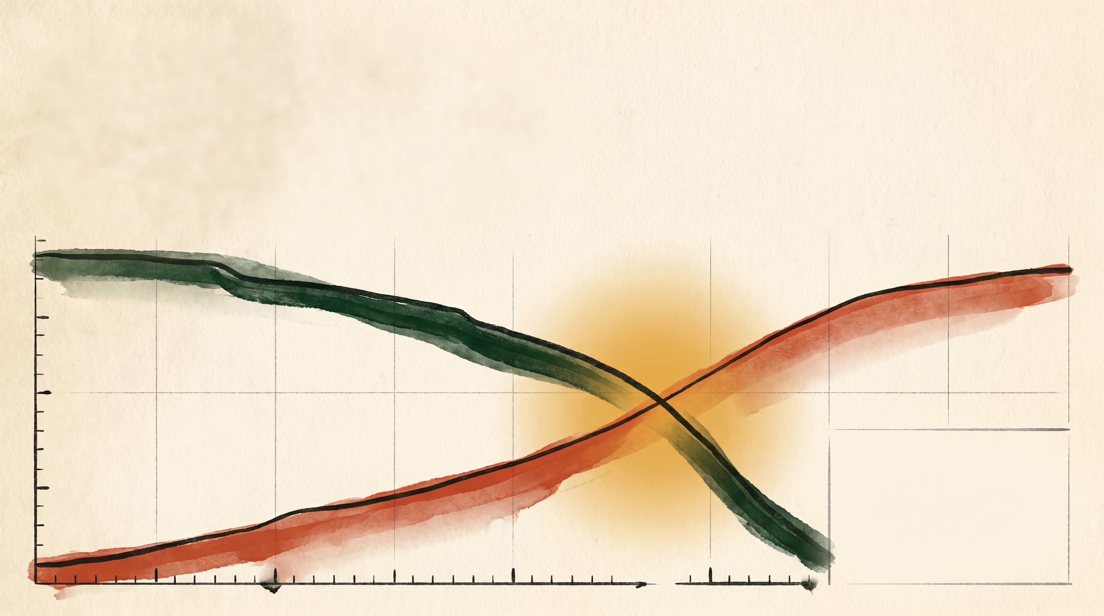 Editorial paddock infographic: clay-red brake telemetry trace + racing-green throttle telemetry trace overlaid through a corner, crossing at the apex point. Amber heat-glow halo around the apex crossing. Warm cream paper background with subtle paddock dust grain. Plex Mono callout coa_overlap_flag = 1. Generated via Nano Banana Pro per docs/nano-banana-runbook.md wave-51c ship.