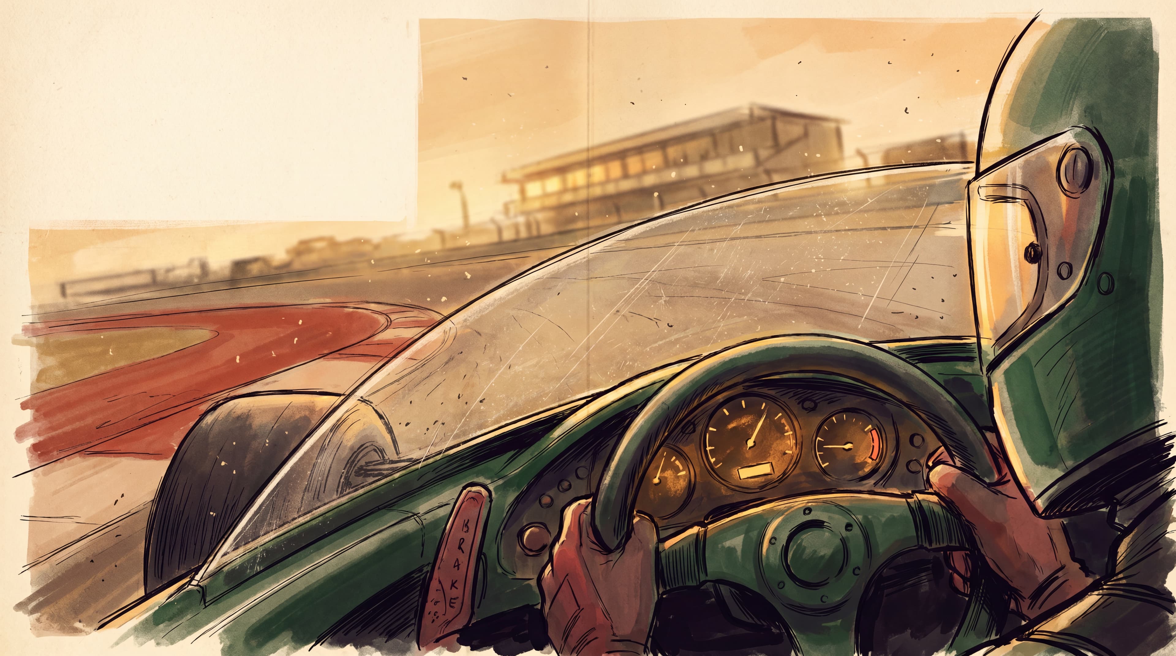 Editorial paddock motorsport illustration: hand-controls-adapted GT4 cockpit interior at golden hour. Warm cream paper textured backdrop with subtle racing-green track-line silhouette. Clay-red apex marker. Amber heat-glow on the dashboard telemetry. Generated via Nano Banana Pro per docs/nano-banana-runbook.md wave-51c ship.