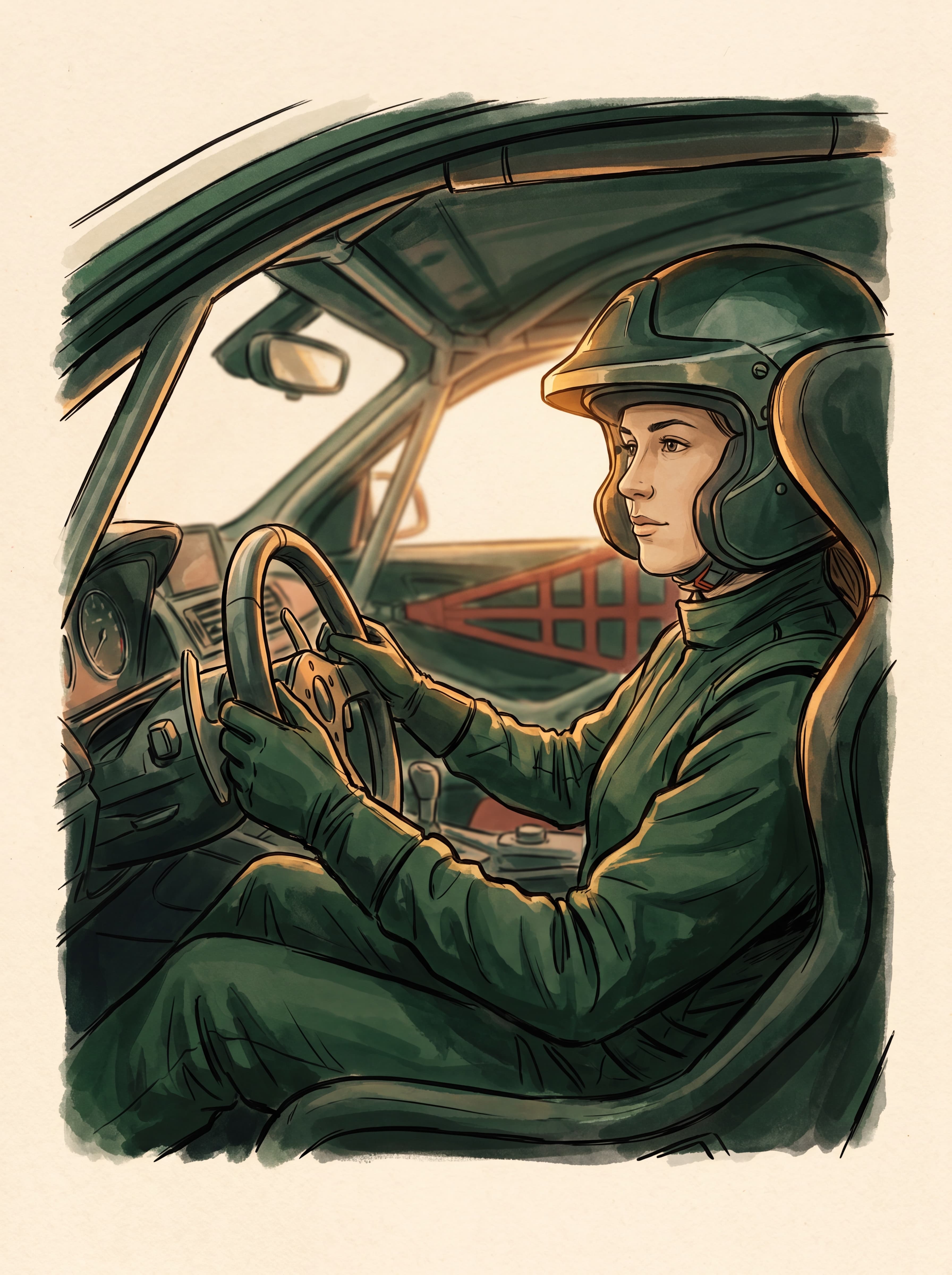 Editorial paddock illustration: profile view of a fictional mid-thirties RAF veteran left-leg amputee adaptive race driver inside a Britcar Trophy BMW M240i cockpit. Electronic hand-control hardware visible on the steering wheel with MME Motorsport ring-throttle paddle. Warm cream paper backdrop with subtle racing-green track-line silhouette. Hand-control hardware in clay-red signal accent. Amber dashboard glow on the right edge. Editorial illustration style; NOT photoreal. Generated via Nano Banana Pro per docs/nano-banana-runbook.md wave-51c ship.